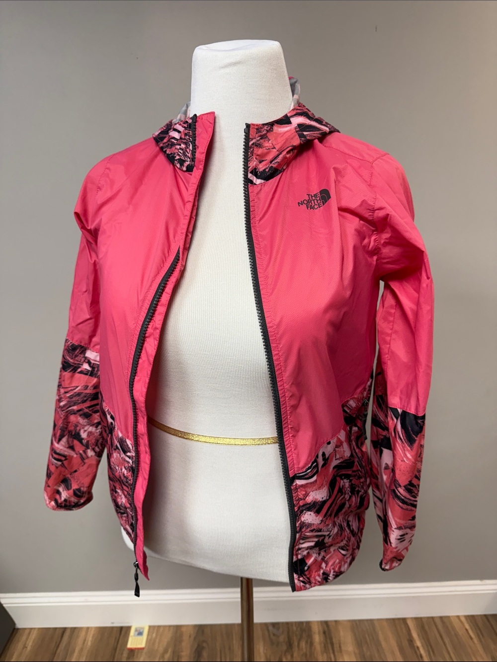 The North Face Pink Hooded Windbreaker with Patterned Panels